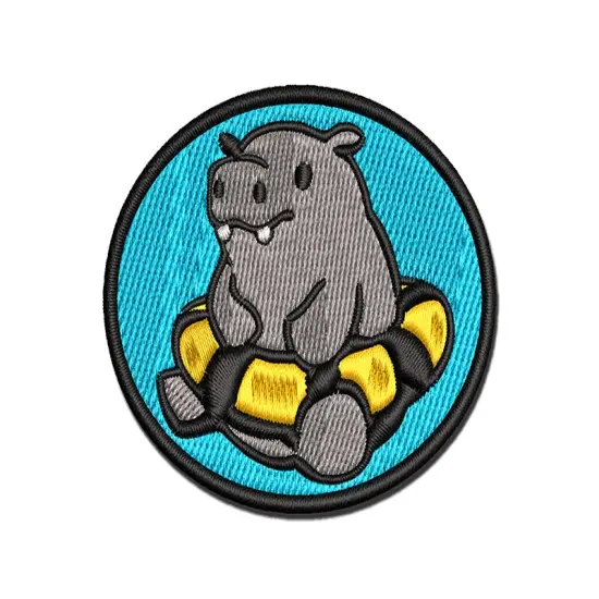 Baby Hippo in Swimming Tube Multi-Color Embroidered Iron-On or Hook & Loop Patch Applique {1}