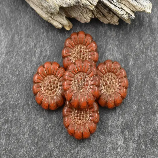 *12* 13mm Dark Bronze Washed Orange Opaline Sunflower Coin Beads {1}
