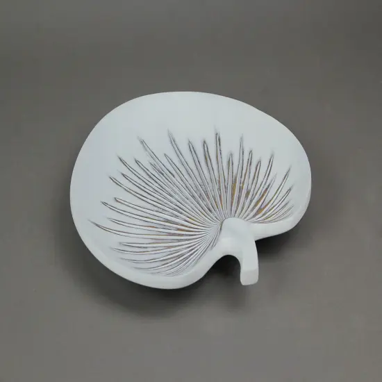 Antiqued White Tropical Fan Palm Leaf Decorative Ceramic Plate {3}