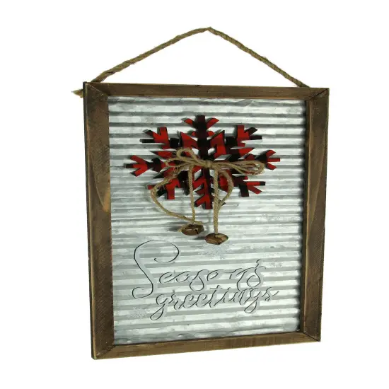 Wood Framed Rustic Metal Seasons Greetings Wall Hanging {1}