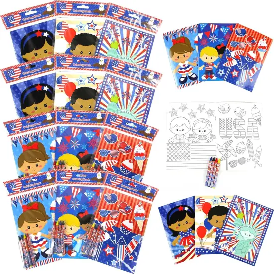 TINYMILLS Patriotic I Love USA Coloring Books Set with Crayons-Patriotic Party Favors with 12 Coloring Books and 48 Crayons, {1}