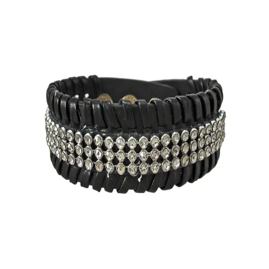 Black Vinyl Clear Rhinestone Accented Bracelet Wristband {1}
