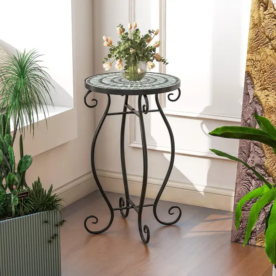 Costway Mosaic Outdoor Round End Table with Weather Resistant Ceramic Tile Tabletop {1}