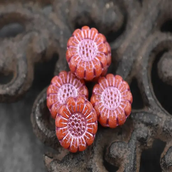 *12* 13mm Metallic Pink Washed Orange Opaline Sunflower Coin Beads {4}