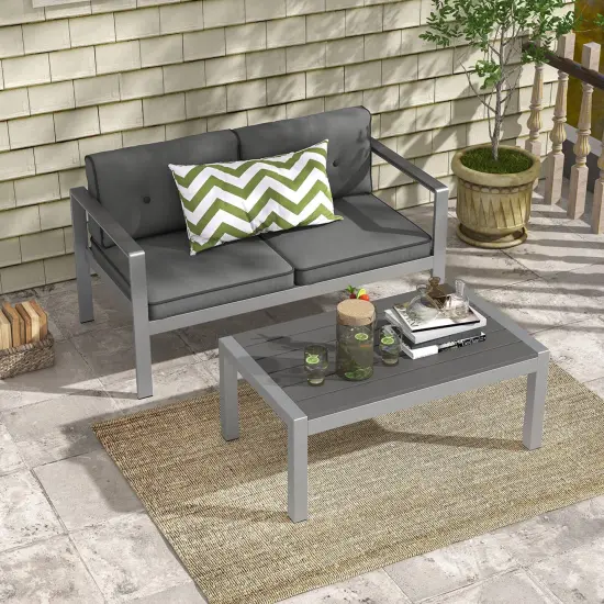 Costway Patio Aluminum Loveseat Sofa Outdoor Chair with WPC Armrests & Cushions Backyard {4}