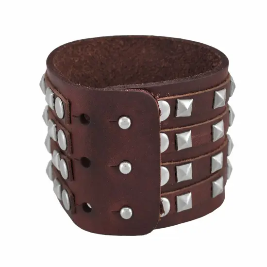 Brown Leather 4 Row Pyramid Studded Wristband Bracelet {3}