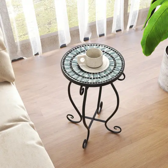 Costway Mosaic Outdoor Round End Table with Weather Resistant Ceramic Tile Tabletop {2}