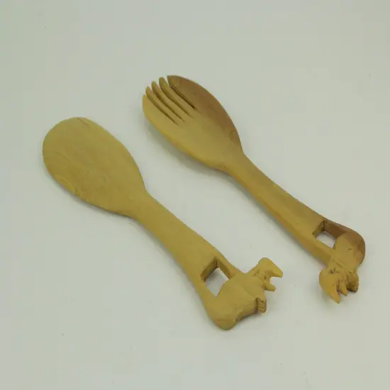 Hand Carved Wood Decorative Rhinoceros Handle Salad Server Set {3}