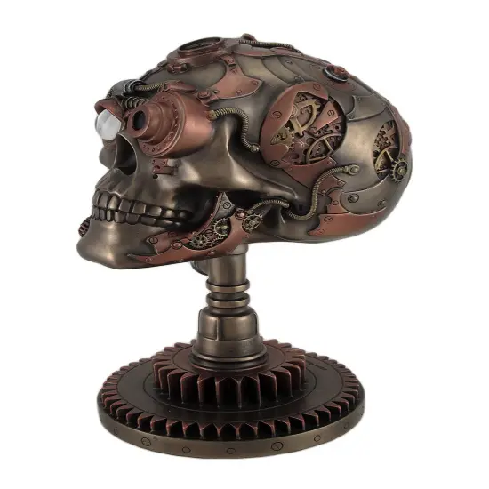 Bronze / Copper Finished Steampunk Skull Statue - Gear Base {3}