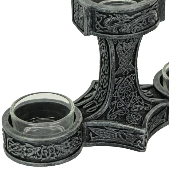 Norse Mythology Thor's Hammer Mjolnir Silver Finish Triple Tealight Candleholder {3}