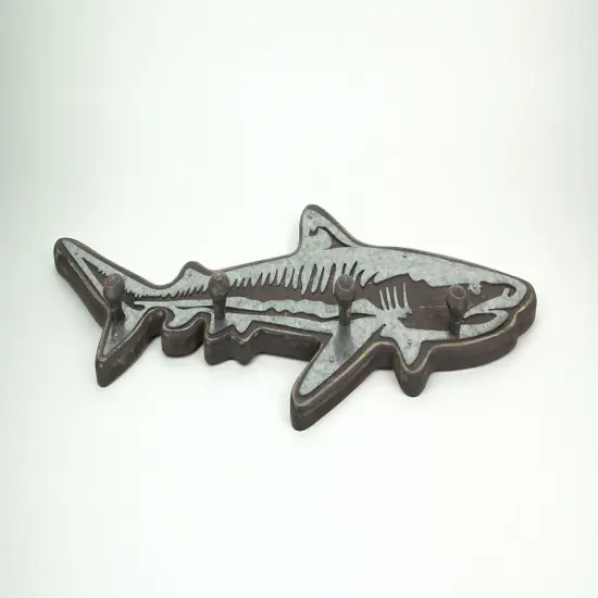 33 Inch Distressed Wood Shark Wall Hook Rack Metal Accents Ocean Art Sculpture {3}