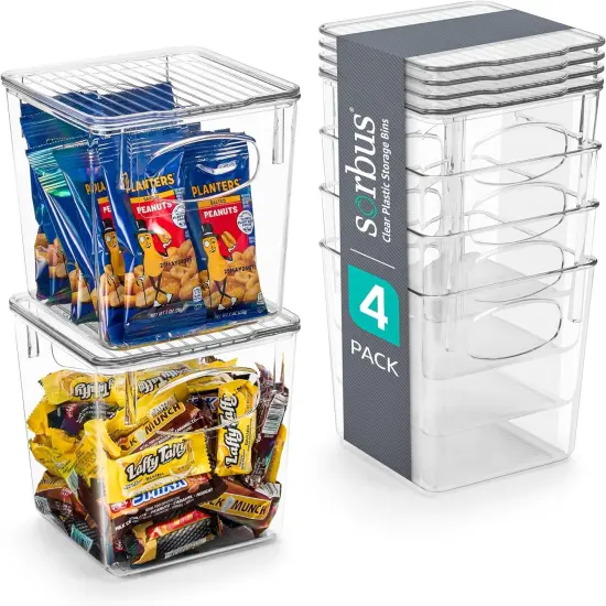 Sorbus Clear Plastic Container Bins W/ Lids (Small 4 Pack) {2}