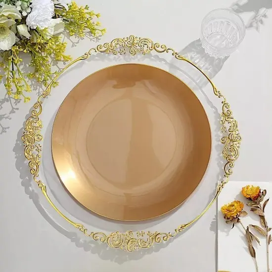GOLD 10 Glossy 10" Round Plastic Salad PLATES Gold Rim {5}