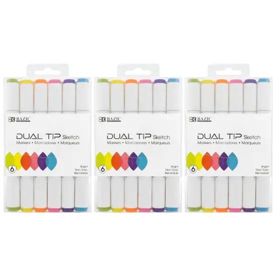 Dual Tip Sketch Markers, Fluorescent Colors, 6 Per Pack, 3 Packs {1}