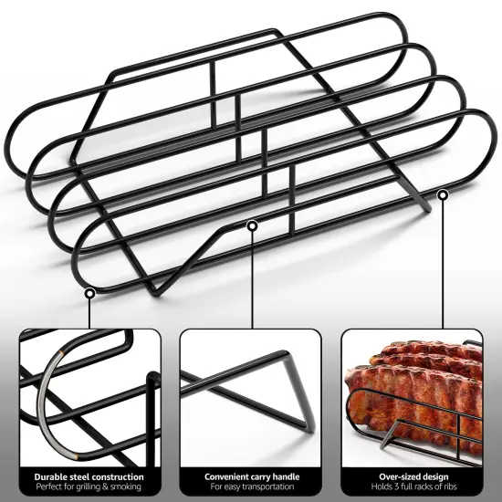Sorbus Non-Stick Rib Rack XL - Porcelain Coated Steel Roasting Stand - Holds 3 Full Rib Racks for Grilling & Barbecuing Black {9}