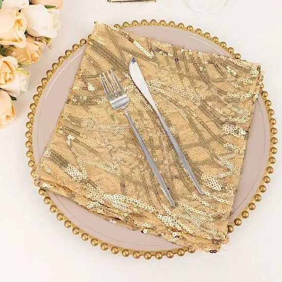 20" x 20" CHAMPAGNE Tulle Net Fabric NAPKIN Wavy Embroidered Sequins {5}