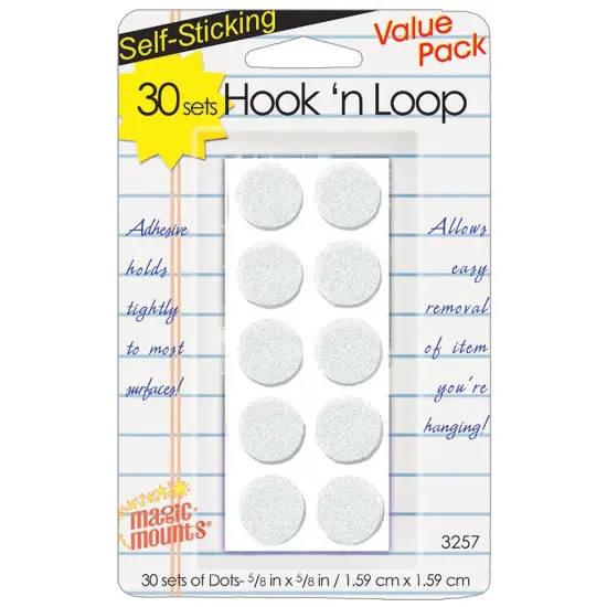 Hook N Loop Dots, 5/8", White, 30 Per Pack, 6 Packs {2}