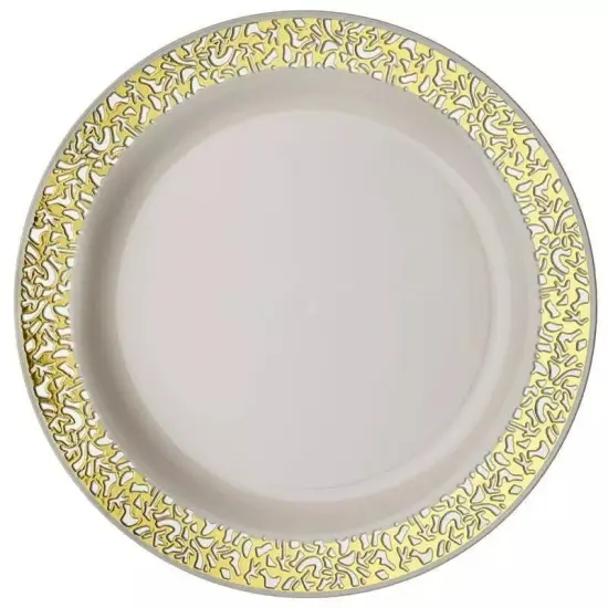 10 pcs Plastic IVORY with Gold Rim 10" PLATES Disposable {1}