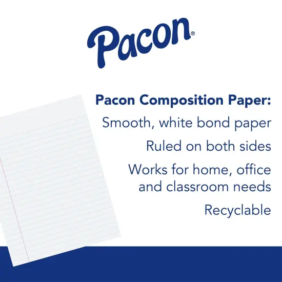 Composition Paper, White, Red Margin, 3/8" Ruled 8" x 10-1/2", 500 Sheets Per Pack, 2 Packs {3}