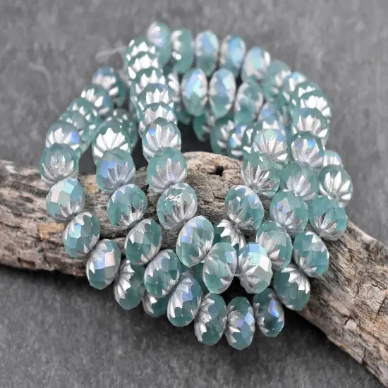*25* 6x9mm Silver Washed Matte Blue Teal AB Fire Polished Cruller Rondelle Beads {3}