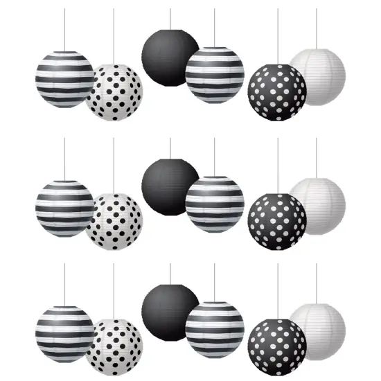 Black & White 8" Hanging Paper Lanterns, 6 Per Pack, 3 Packs {1}