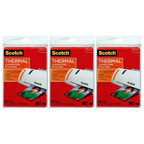 Thermal Laminating Pouches, 5 mil, 5" x 7", 20 Per Pack, 3 Packs {1}