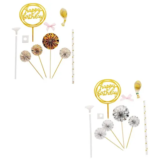Happy Birthday Cake Topper Set with Paper Fans and Confetti Balloon Decorations Gold & silver {6}