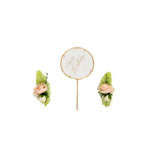 Gold Blush 8" Happy Birthday Cake Topper with Silk Rose Flowers {1}