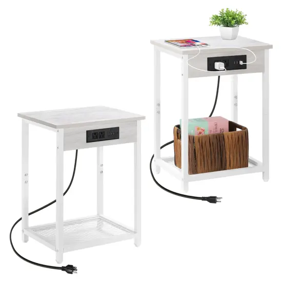 End Table with USB Ports and AC Outlets White 2PCS {1}