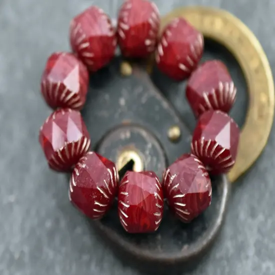 *10* 10mm Platinum Washed Red Opaline Center Cut Cruller Beads {3}