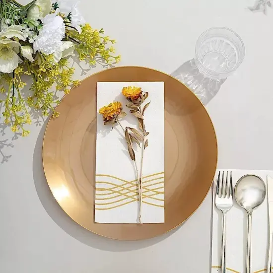 GOLD 10 Glossy 10" Round Plastic Salad PLATES Gold Rim {2}