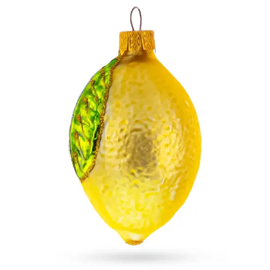 Lemon with Green Leaf Glass Christmas Ornament 3.7 Inches {3}