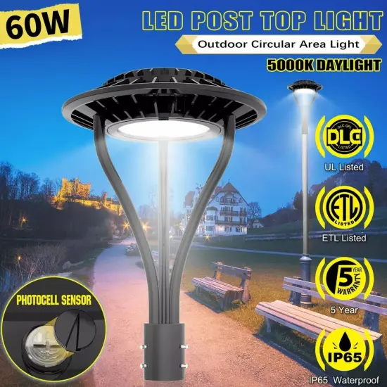 60W Led Post Top Light Dusk to Dawn Commercial Circular Area Pole Light &lrm;8400lm {4}