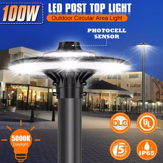 Led Post Top Light 100W Dusk to Dawn Outdoor Circular Area Pole Light 5000K {6}