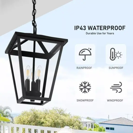 3-Light Outdoor Pendant Light Metal Glass Outdoor Hanging Light Ceiling Mount {3}