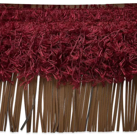 10 yards of 6" Leather And Hairy Gimp Fringe Trim | 10 yard cut Burgundy Multi {1}