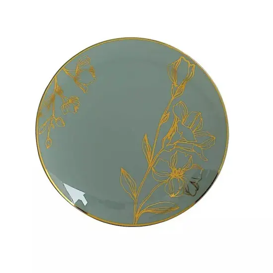20 Round DUSTY SAGE Plastic Salad Dinner PLATES Gold Floral Design {1}