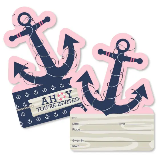 Big Dot of Happiness Ahoy - Nautical Girl - Shaped Fill-in Invitations - Baby Shower or Birthday Party Invitation Cards with Envelopes - Set of 12 {1}
