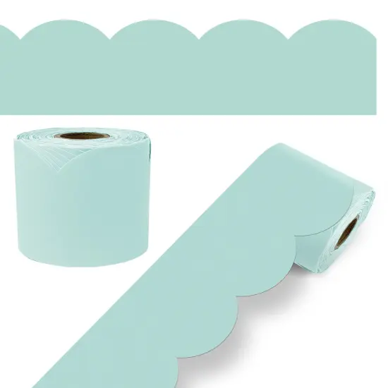 Carson Dellosa 65Ft of Sea Glass Green Bulletin Board Borders, 1 Roll of Pastel Scalloped Trim for Rolling Whiteboard, Cork and Posterboard, Party, Easter, Spring Decorations, and Classroom Decor {1}