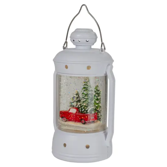 Northlight 9" White Lantern Christmas Snow Globe with Red Truck and Trees Green {5}