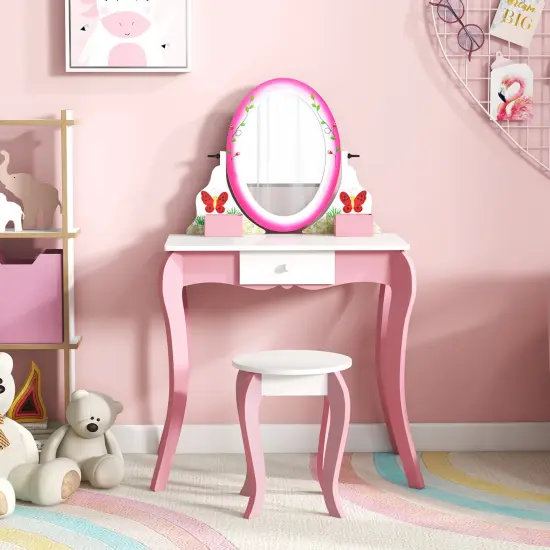 Kids Vanity Table And Stool Set With 360&deg; Rotating Mirror And Whiteboard-Pink {6}