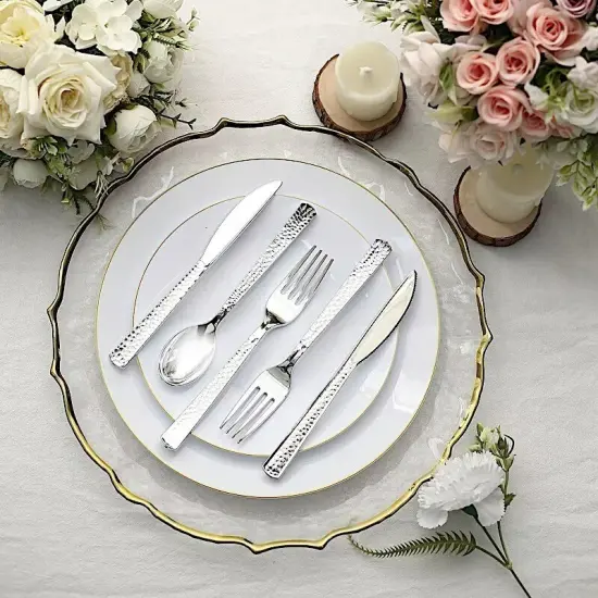 SILVER 24 Hammered Design 7" Plastic CUTLERY Spoons Forks {4}