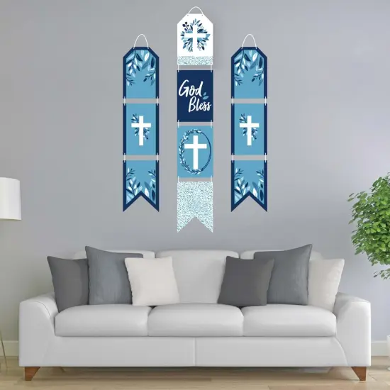 Big Dot of Happiness Blue Elegant Cross - Hanging Vertical Paper Door Banners - Boy Religious Party Wall Decoration Kit - Indoor Door Decor {3}