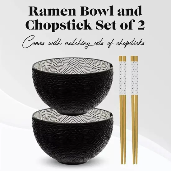 American Atelier Ramen Bowl with Chopsticks | Set of 2 | Embossed Black Design {4}
