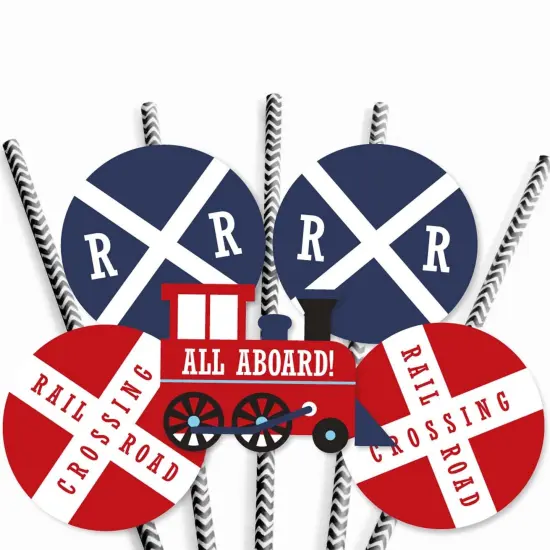 Big Dot of Happiness Railroad Party Crossing - Paper Straw Decor - Steam Train Birthday Party or Baby Shower Striped Decorative Straws - Set of 24 {7}