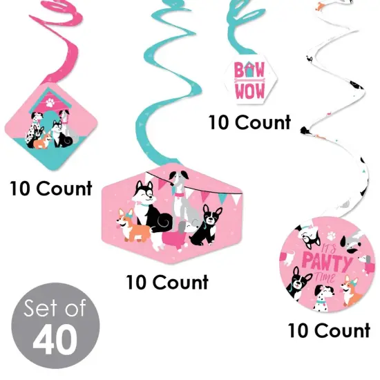 Big Dot of Happiness Pawty Like a Puppy Girl - Pink Dog Baby Shower or Birthday Party Hanging Decor - Party Decoration Swirls - Set of 40 {6}