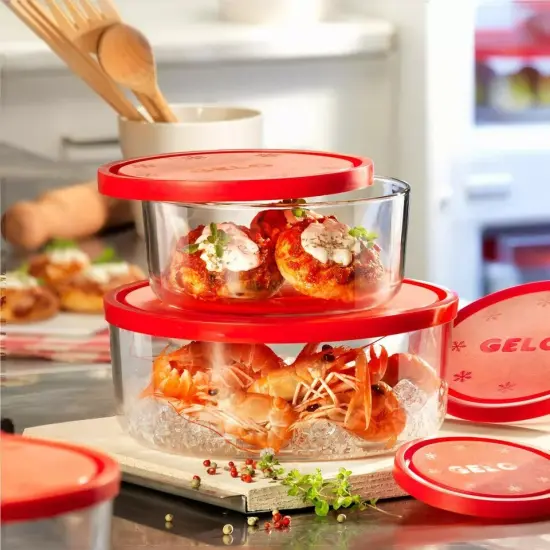Bormioli Rocco Gelo 4 Piece Glass Round Food Storage Container Set with Red Lid {3}