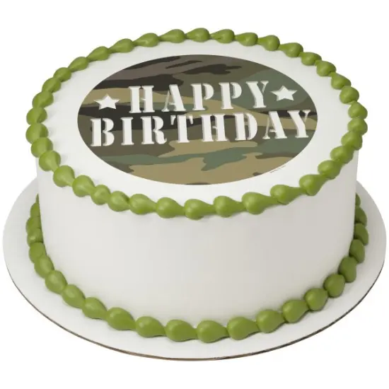 Camouflage Birthday Edible Cake Topper Image 7.5 Round {1}