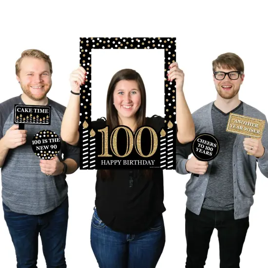 Big Dot of Happiness Adult 100th Birthday - Gold - Birthday Party Selfie Photo Booth Picture Frame & Props - Printed on Sturdy Material {1}