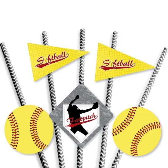 Big Dot of Happiness Grand Slam - Fastpitch Softball - Paper Straw Decor - Birthday Party or Baby Shower Striped Decorative Straws - Set of 24 {7}